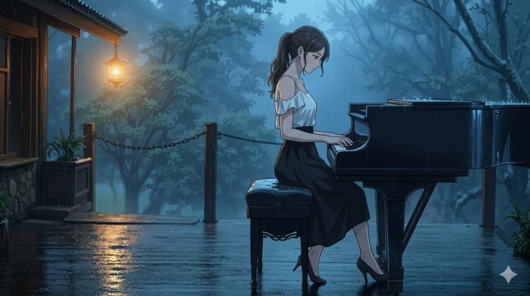 Girl is sitting and playing Piano.
