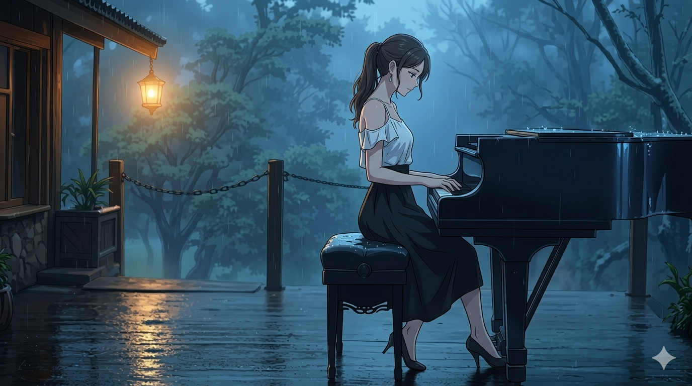 Girl is sitting and playing Piano.